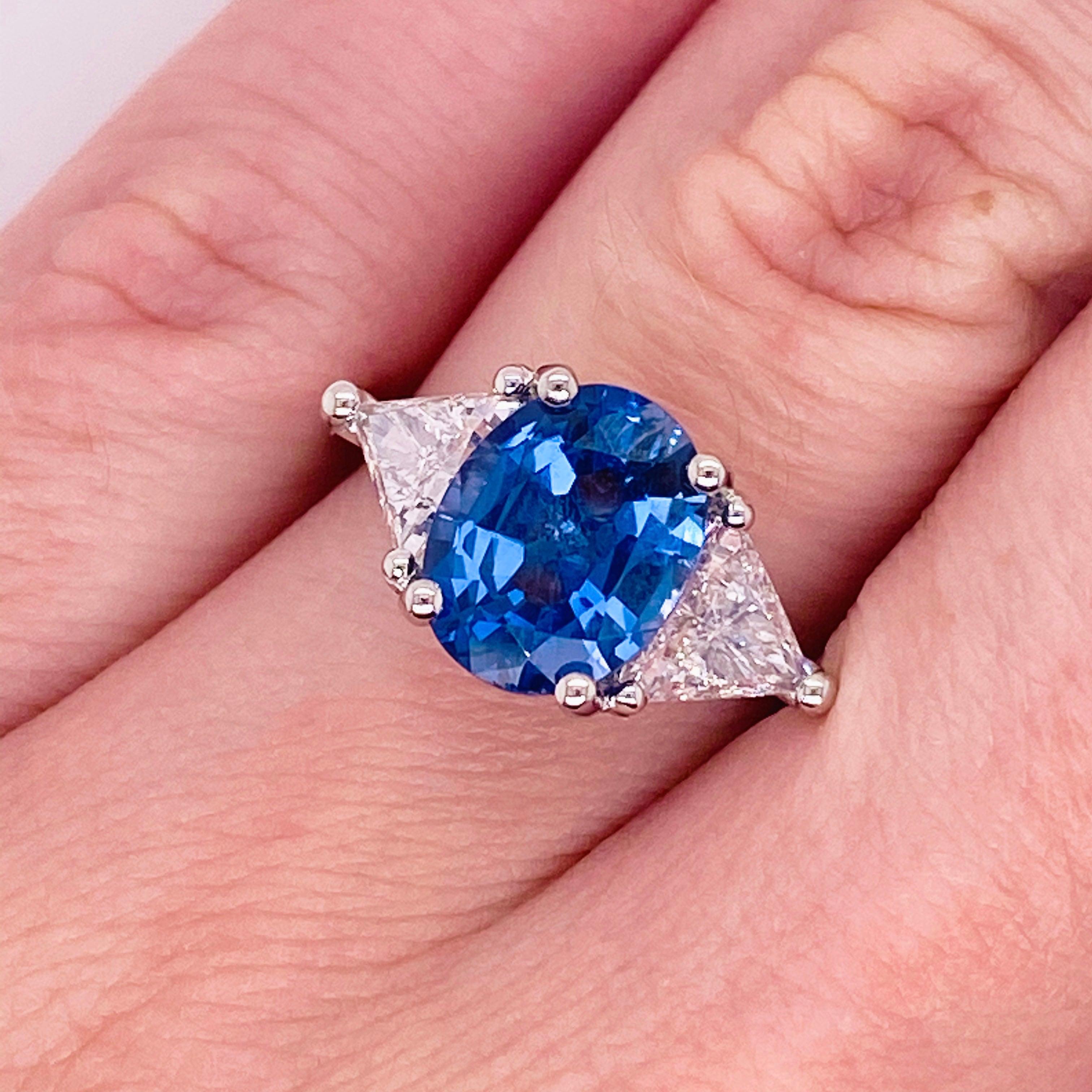 Ceylon Sapphire Diamond Ring, Platinum, Blue Sapphire, Three-Stone Ring 3