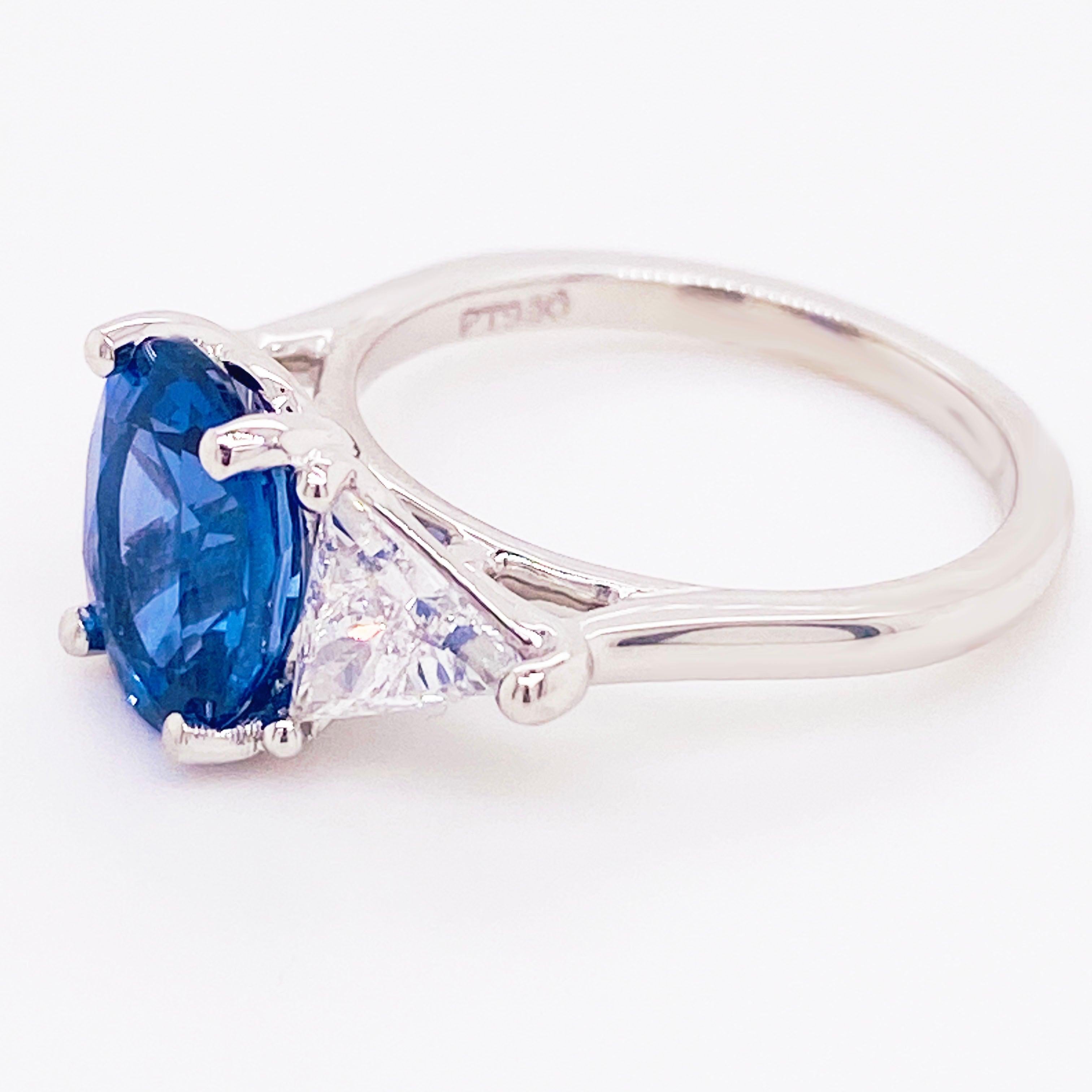 For Sale:  Custom Designed Sapphire Diamond Ring, Platinum, Blue Sapphire, Three-Stone Ring 4