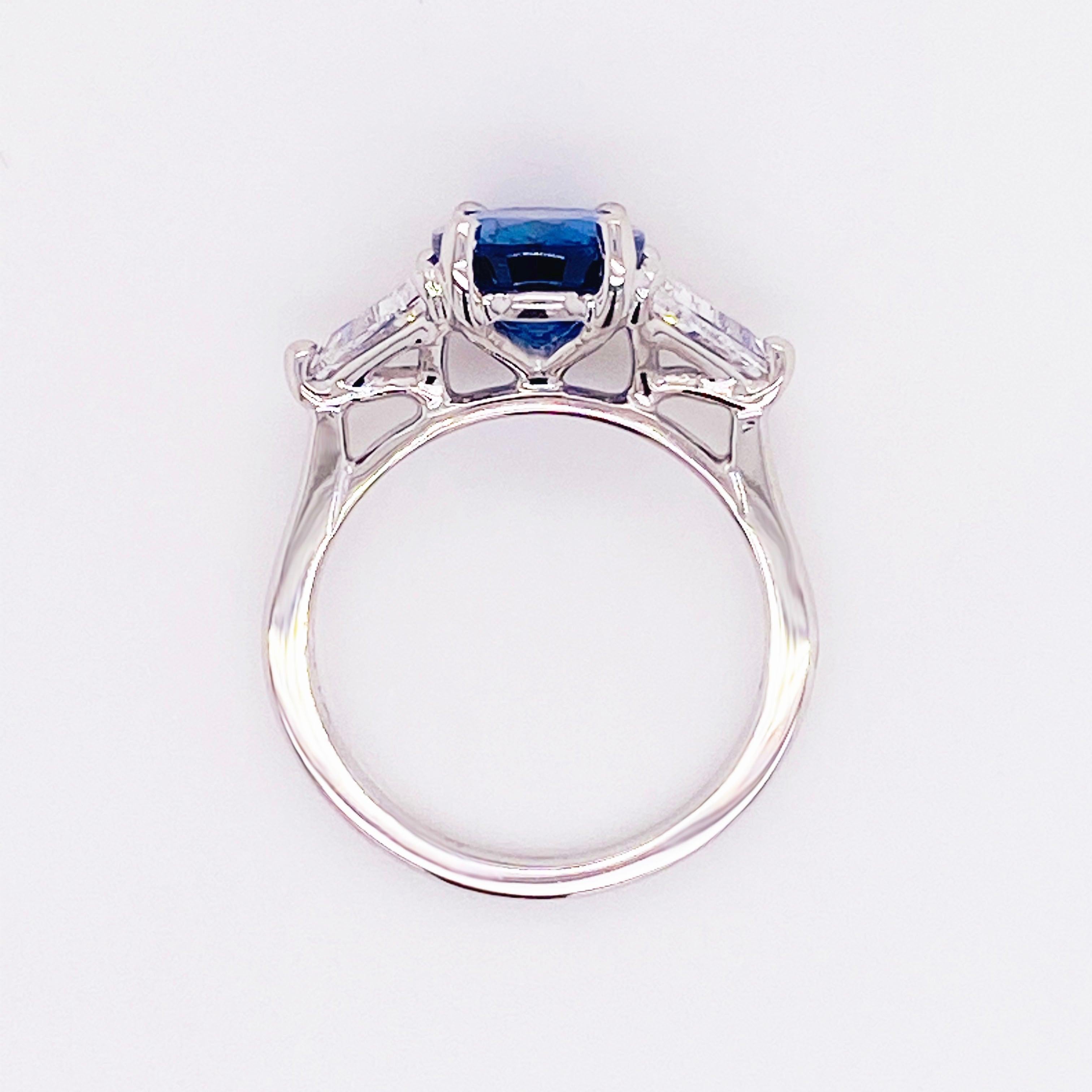 For Sale:  Custom Designed Sapphire Diamond Ring, Platinum, Blue Sapphire, Three-Stone Ring 5