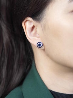 Ceylon Sapphire Stud Earrings with Diamond Halo in 14K White Gold