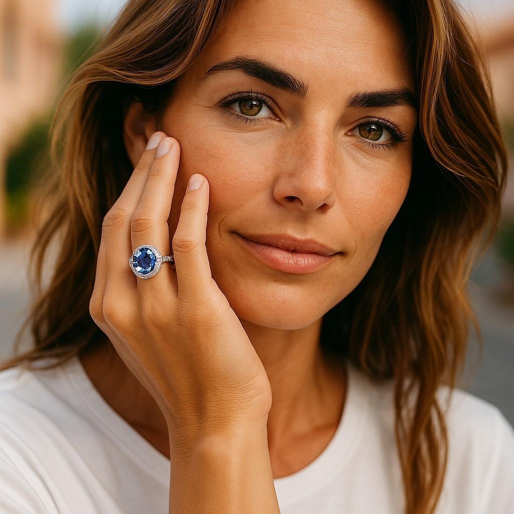 Contemporary Ceylon Sapphire Diamonds 4.31 Carat Eighteen Karat Gold Cocktail Ring Size 6 For Sale