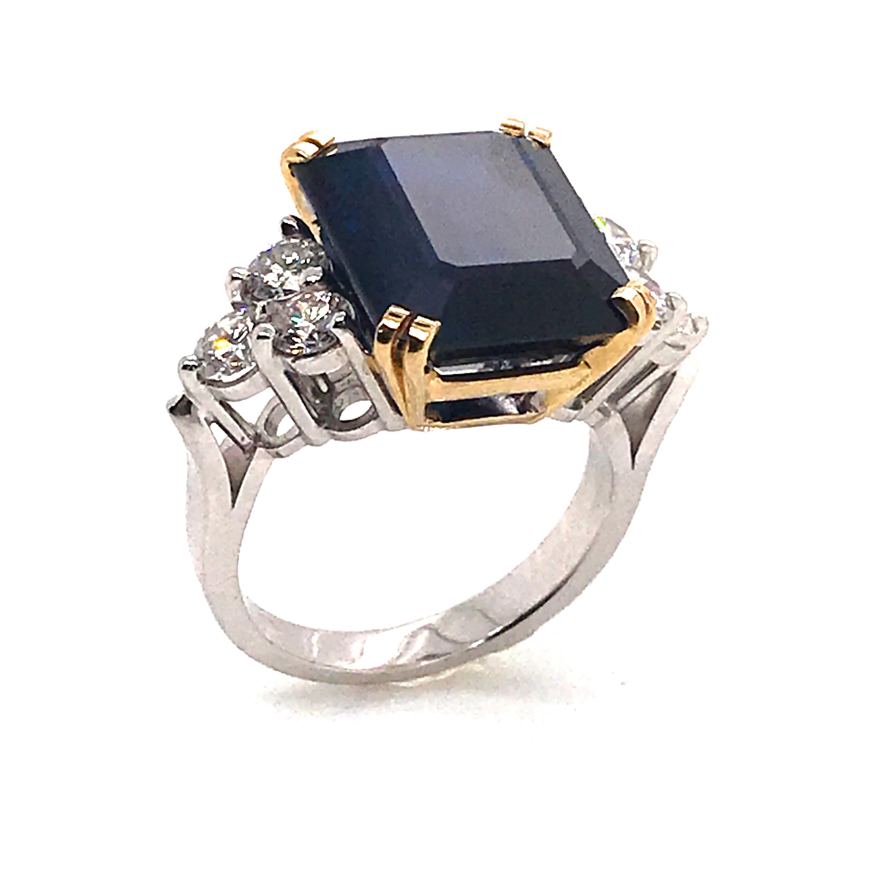 Emerald Cut Ceylon Sapphire Diamonds Emerald Size White and Yellow Gold Ring