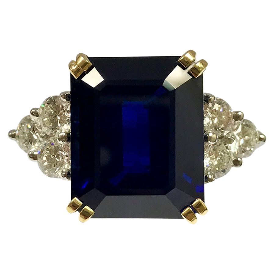 Women's Ceylon Sapphire Diamonds Emerald Size White and Yellow Gold Ring