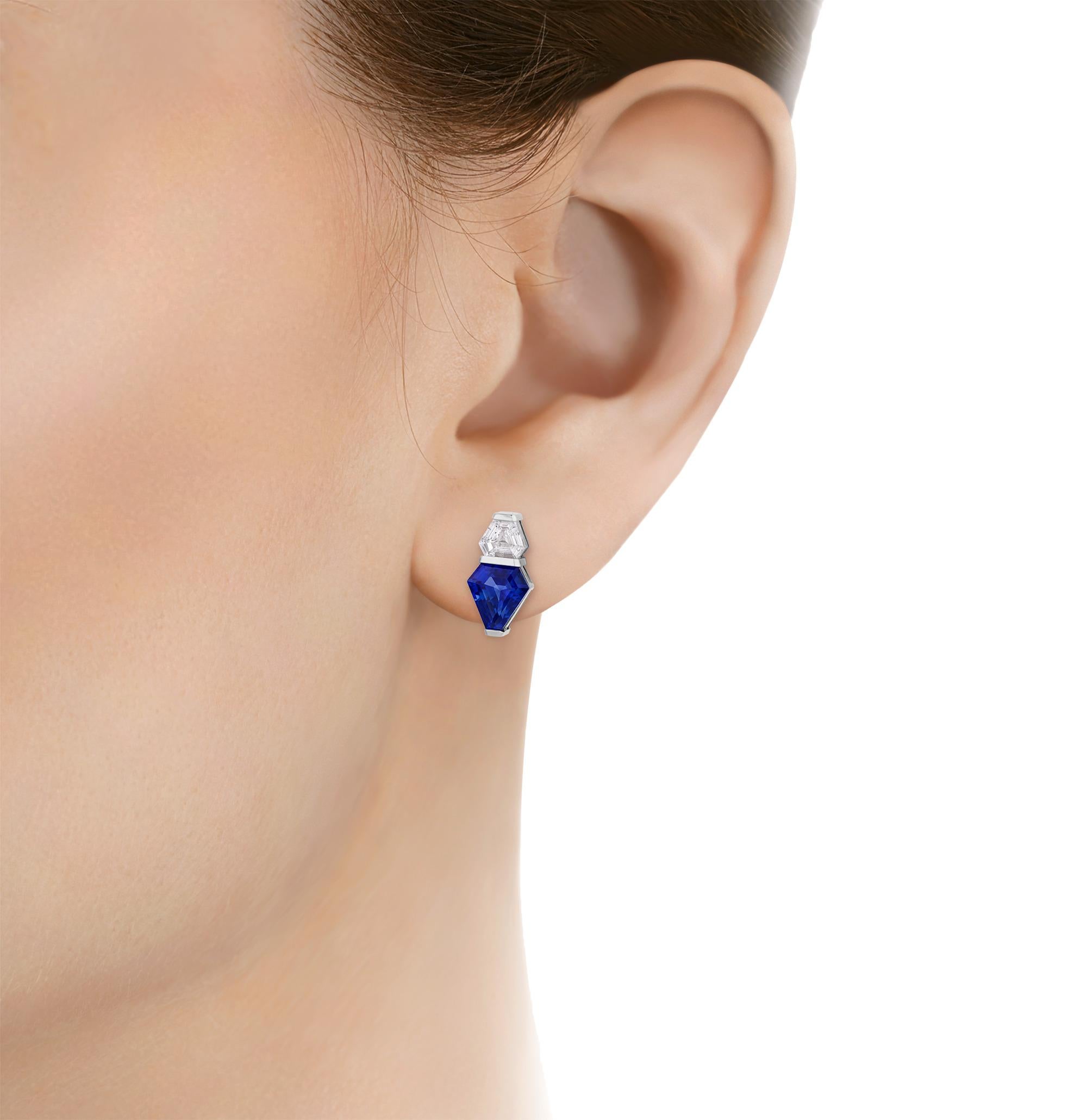 Shield Cut Ceylon Sapphire Earrings, 4.57 carats For Sale