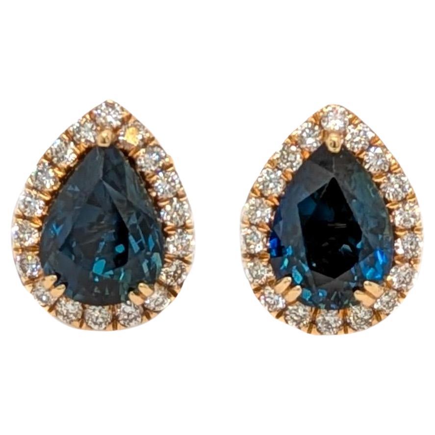 Ceylon Sapphire Earrings with Natural Diamond Halo in 14K Solid Gold  PE 8x6mm en vente