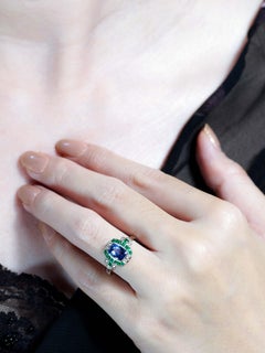 Ceylon Sapphire Emerald and Diamond Art Deco Style Engagement Ring in 18K Gold