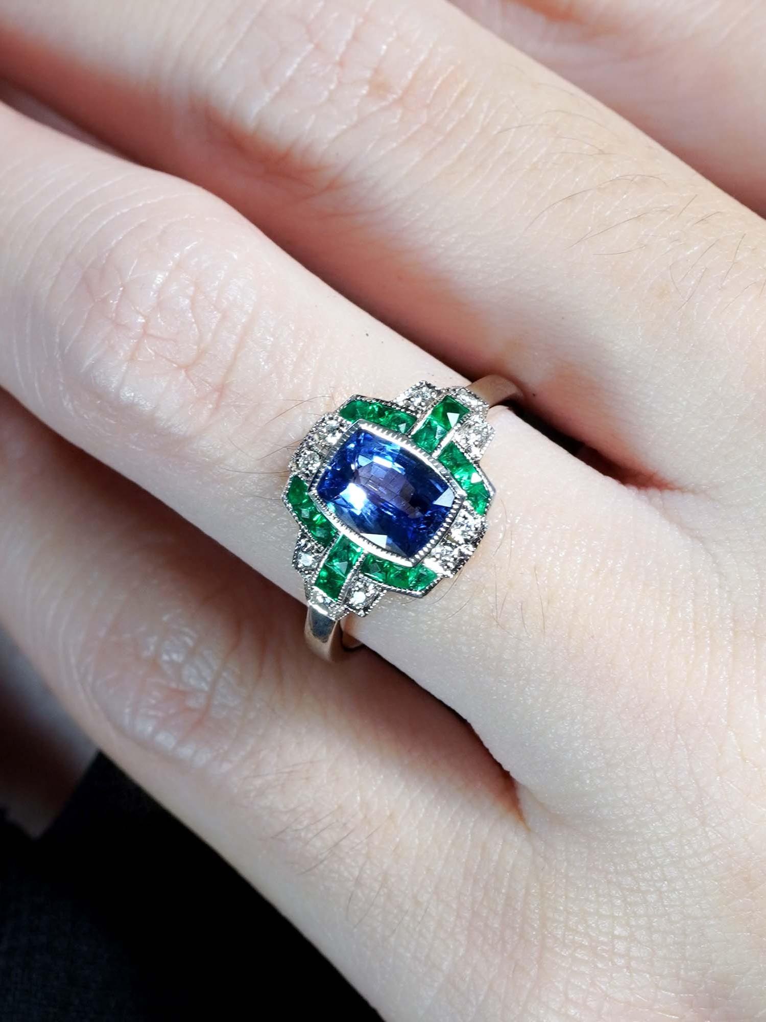 Cushion Cut Ceylon Sapphire Emerald and Diamond Art Deco Style Engagement Ring in 18K Gold For Sale