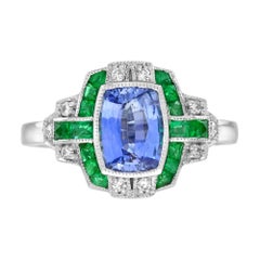 Ceylon Saphir Smaragd und Diamant Art Deco Stil Verlobungsring in 18K Gold