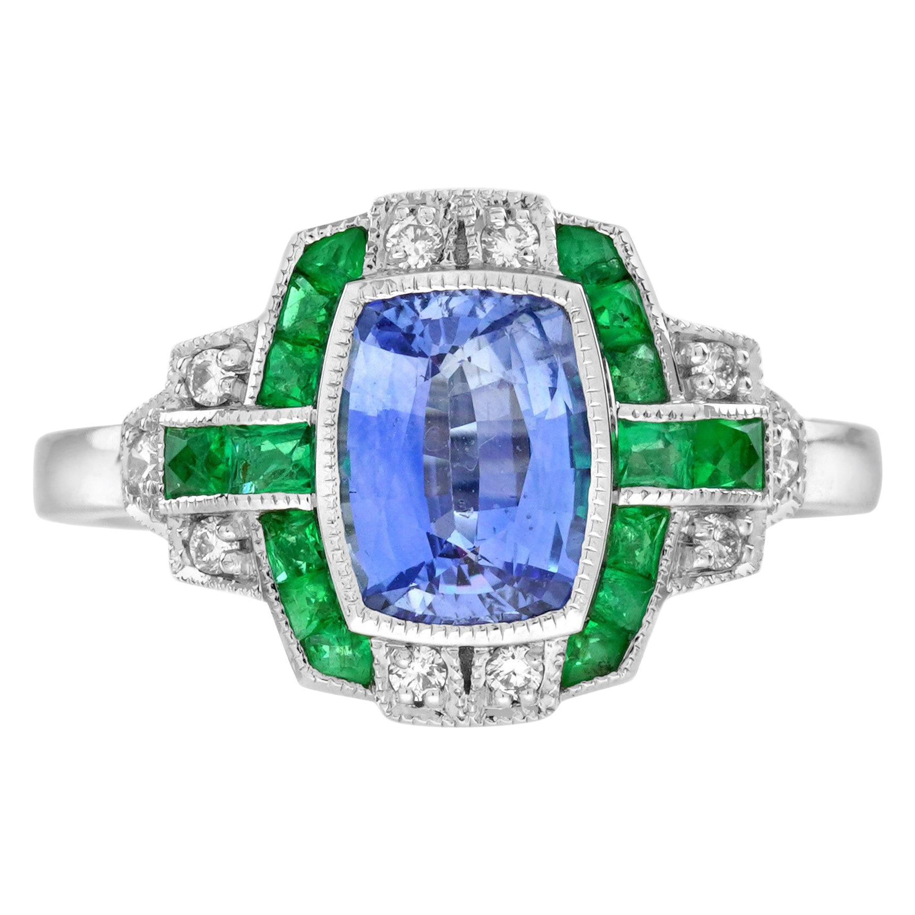 Anello di fidanzamento in stile Art Deco con smeraldo, zaffiro di Ceylon e diamanti in oro 18 carati