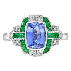 Anello di fidanzamento in stile Art Deco con smeraldo, zaffiro di Ceylon e diamanti in oro 18 carati