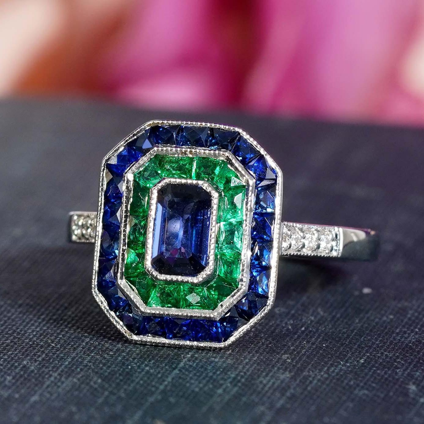 De las mujeres Zafiro de Ceilán Esmeralda Diamante Anillo de compromiso estilo Art Decó en oro blanco de 18 quilates en venta