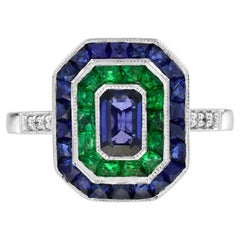 Ceylon Sapphire Emerald Diamond Art Deco Style Engagement Ring in 18K White Gold Ceylon Sapphire Emerald Diamond Art Deco Style Engagement Ring in 18K White Gold