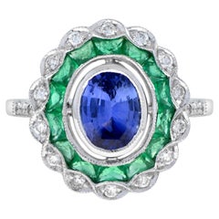 Ceylon Sapphire Emerald Diamond Art Deco Style Ring in 18K White Gold
