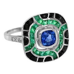 Ceylon Sapphire Emerald Onyx Diamond Cocktail Ring