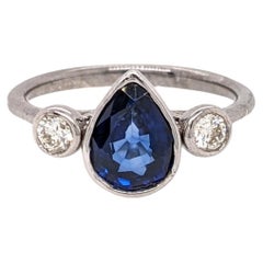 Ceylon Sapphire Estate Ring w Earth Mined Diamonds in Solid 14K Gold Pear 8x6mm
