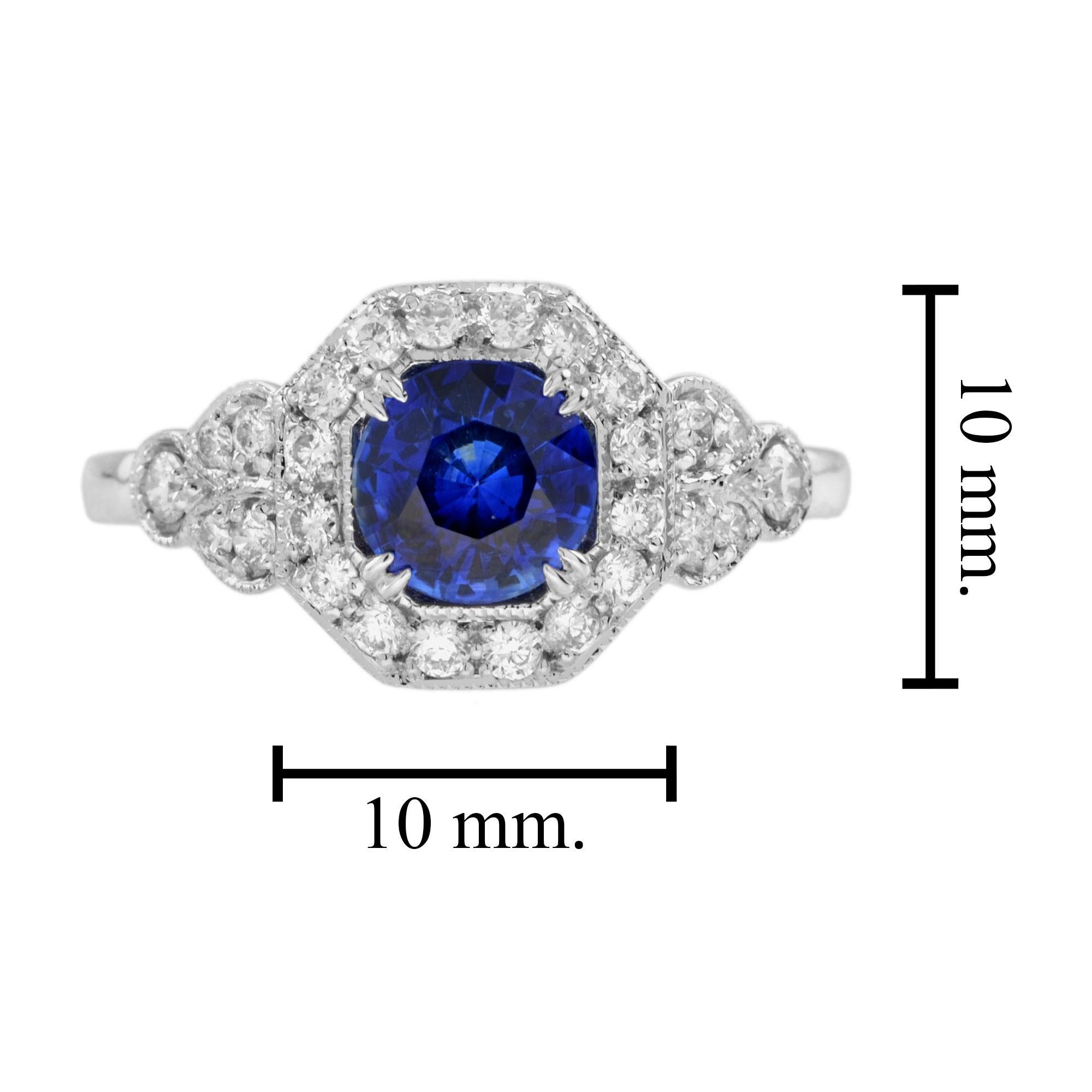 Saphir de Ceylan et diamant de forme fantaisie Bague en or blanc 18 carats d'inspiration antique en vente 2