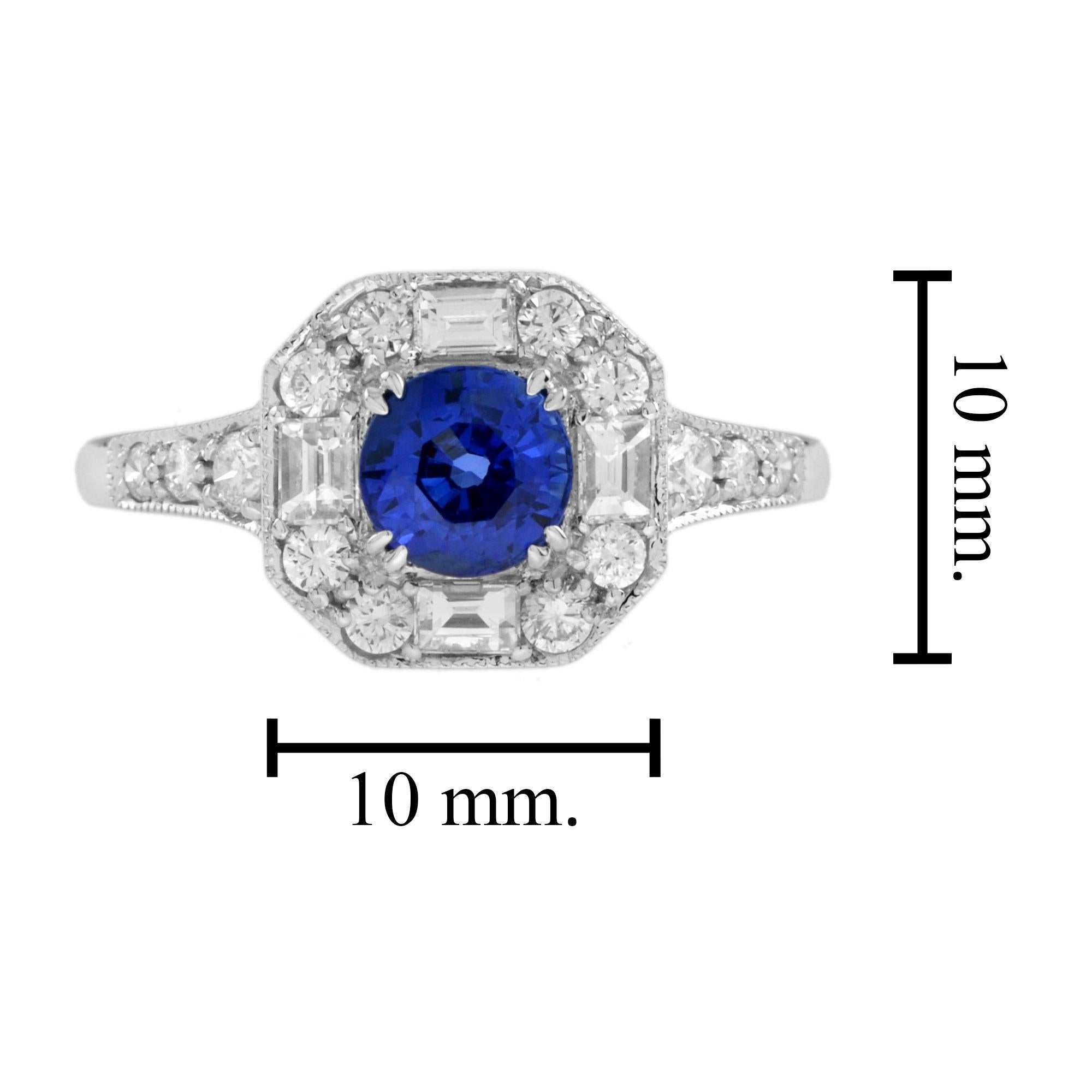 Saphir de Ceylan et diamant de forme fantaisie Bague en or blanc 18 carats d'inspiration antique en vente 3