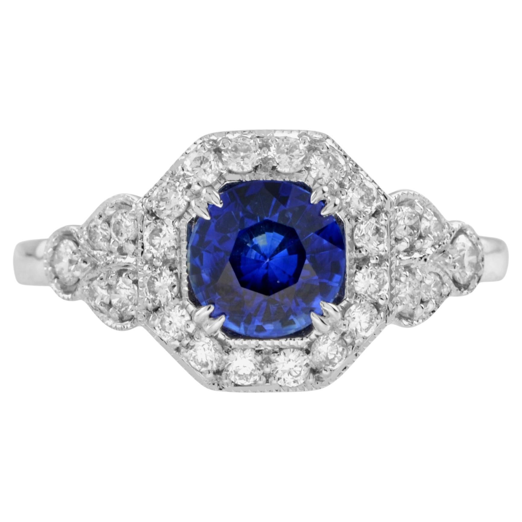 Saphir de Ceylan et diamant de forme fantaisie Bague en or blanc 18 carats d'inspiration antique