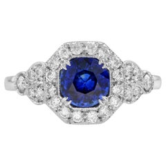 Ceylon Sapphire & Fancy Shape Diamond Antique Inspired Style 18K White Gold Ring