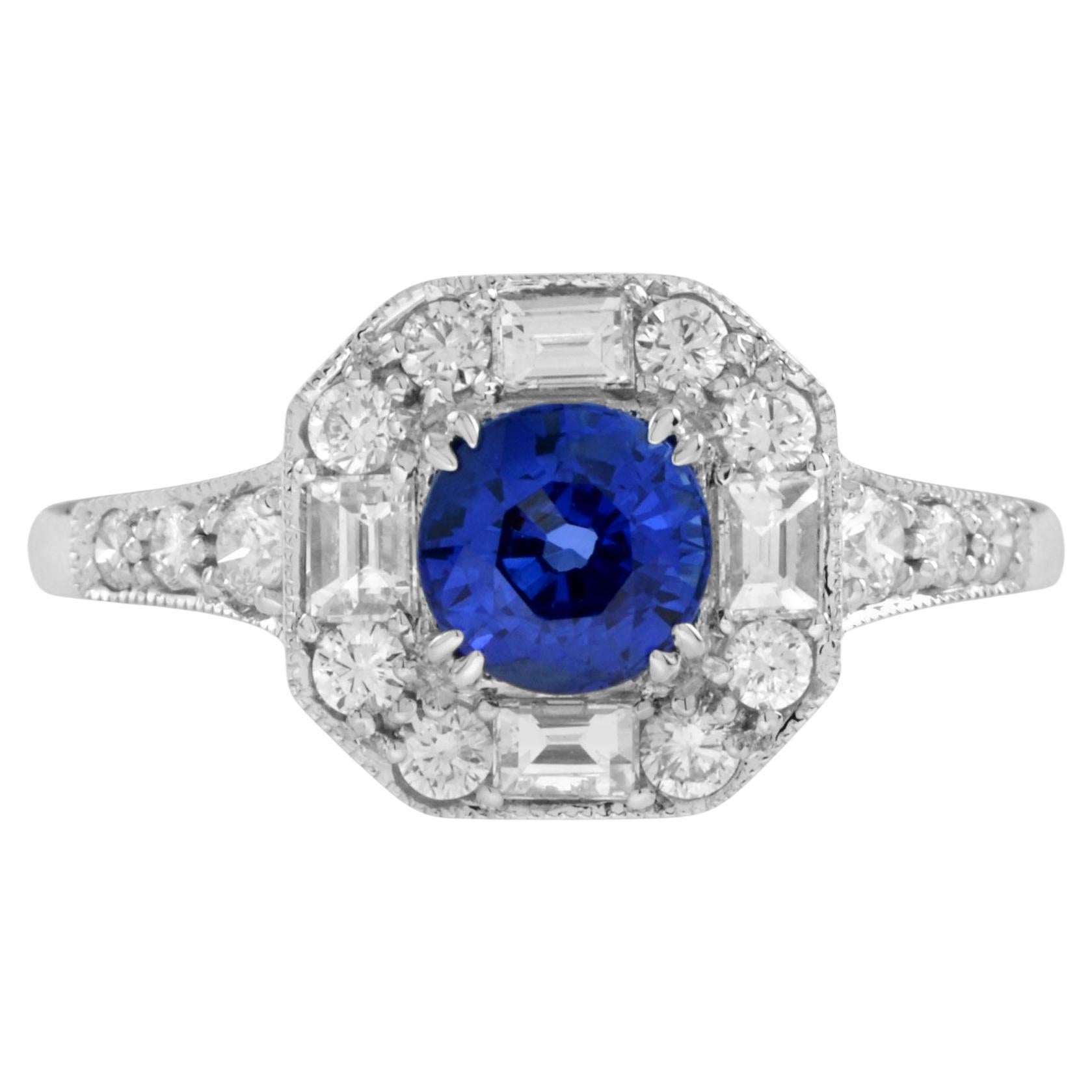 Saphir de Ceylan et diamant de forme fantaisie Bague en or blanc 18 carats d'inspiration antique