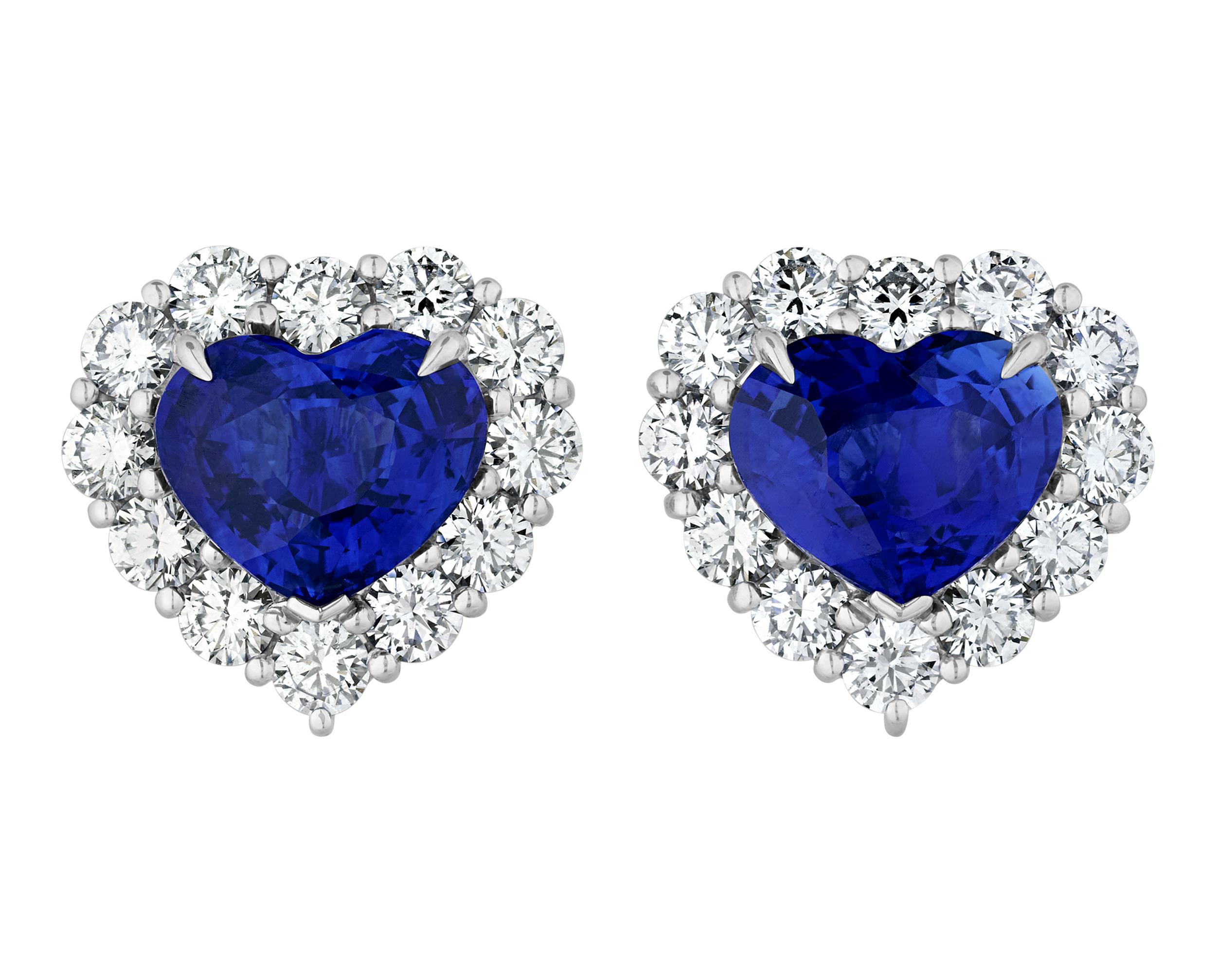 Modern Ceylon Sapphire Heart Earrings, 6.11 Carats For Sale