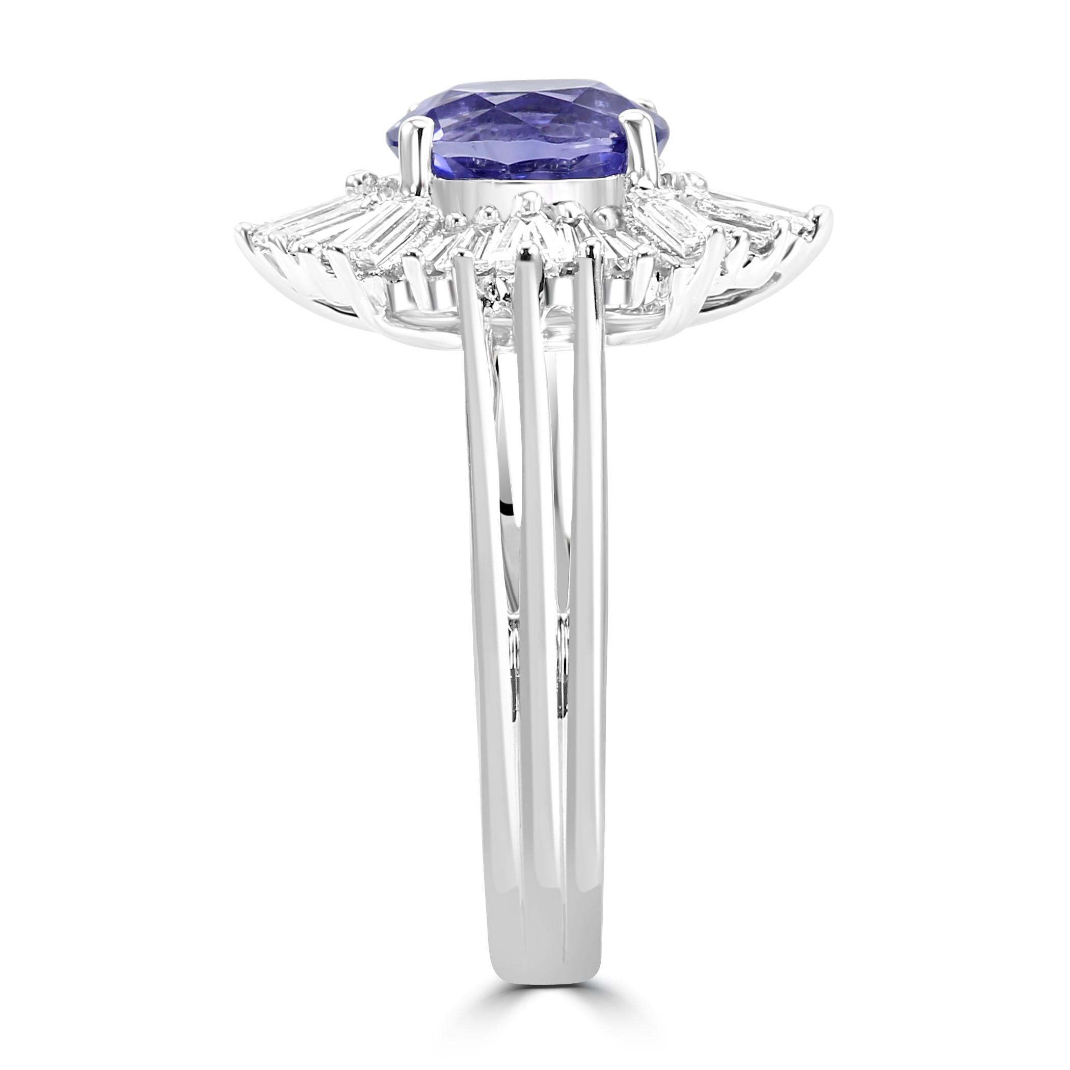Women's or Men's Ceylon Sapphire Oval Diamond Tapered Baguette Art Deco Bridal Fashion Gold Ring For Sale