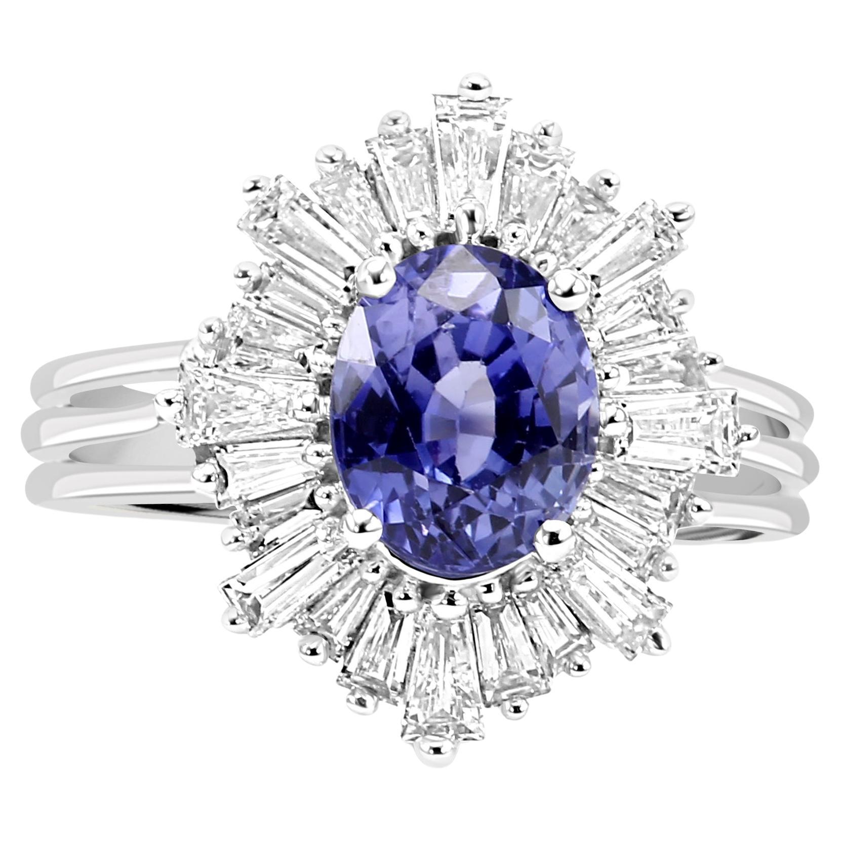 Ceylon Sapphire Oval Diamond Tapered Baguette Art Deco Bridal Fashion Gold Ring