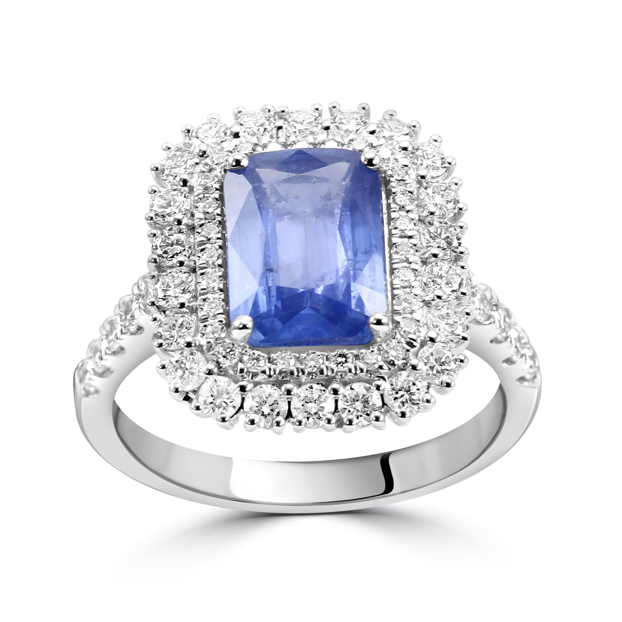 Celebrate your love story with our breathtaking bridal radiant cut Ceylon Sapphire ring. 

The focal point of this exquisite ring is the radiant-cut Ceylon Sapphire, chosen for its captivating deep blue hue and impressive size of 2.62 carats.