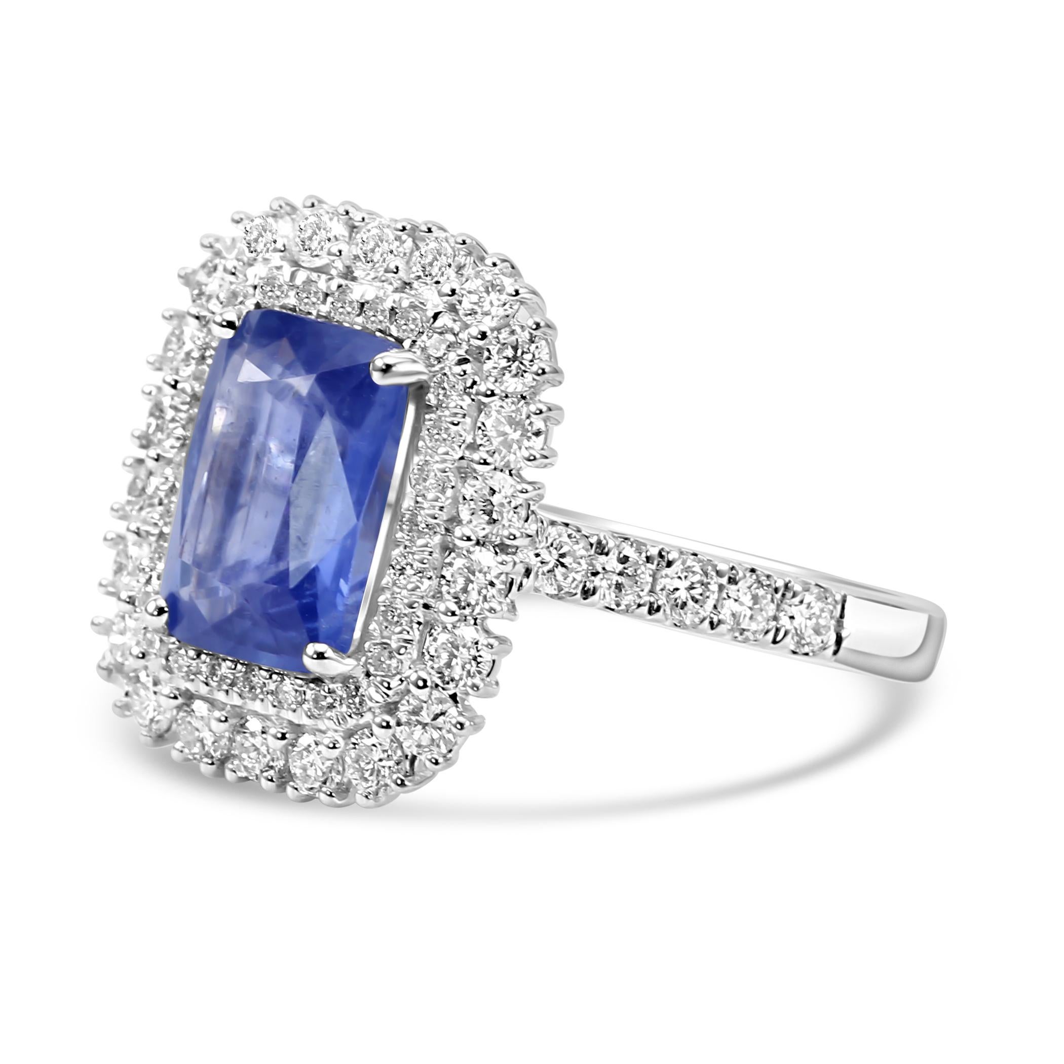 Modern Ceylon Sapphire Radiant Cut White Diamond Rounds 18K Gold Bridal Engagement Ring For Sale