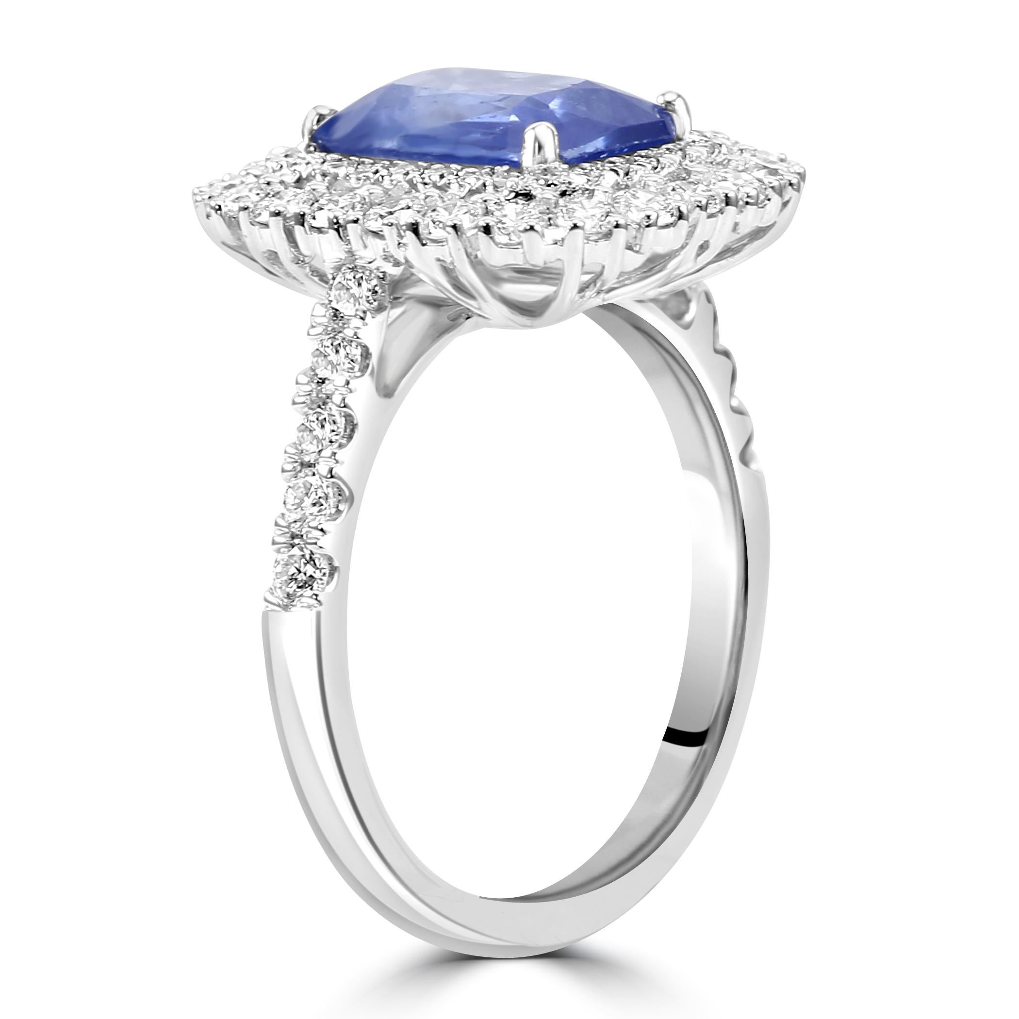 Women's or Men's Ceylon Sapphire Radiant Cut White Diamond Rounds 18K Gold Bridal Engagement Ring For Sale