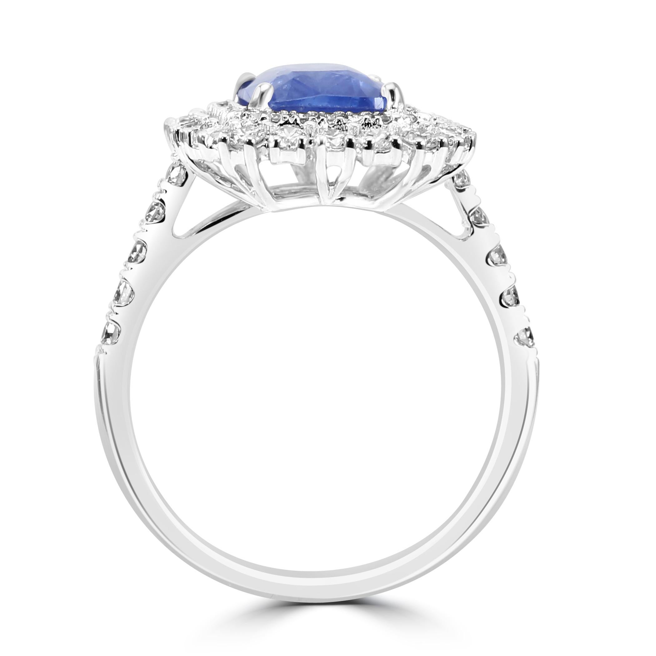 Ceylon Sapphire Radiant Cut White Diamond Rounds 18K Gold Bridal Engagement Ring For Sale 1