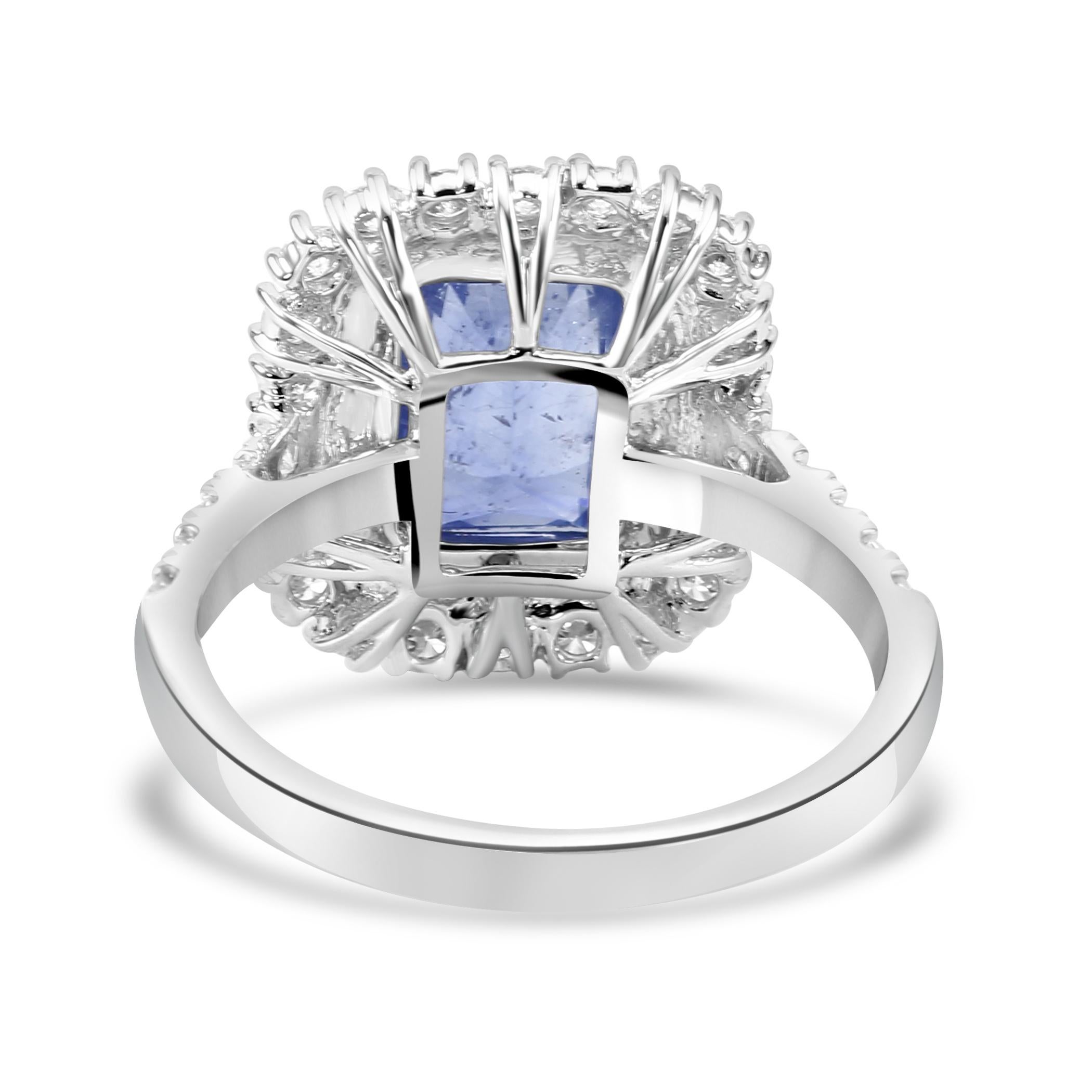 Ceylon Sapphire Radiant Cut White Diamond Rounds 18K Gold Bridal Engagement Ring For Sale 2
