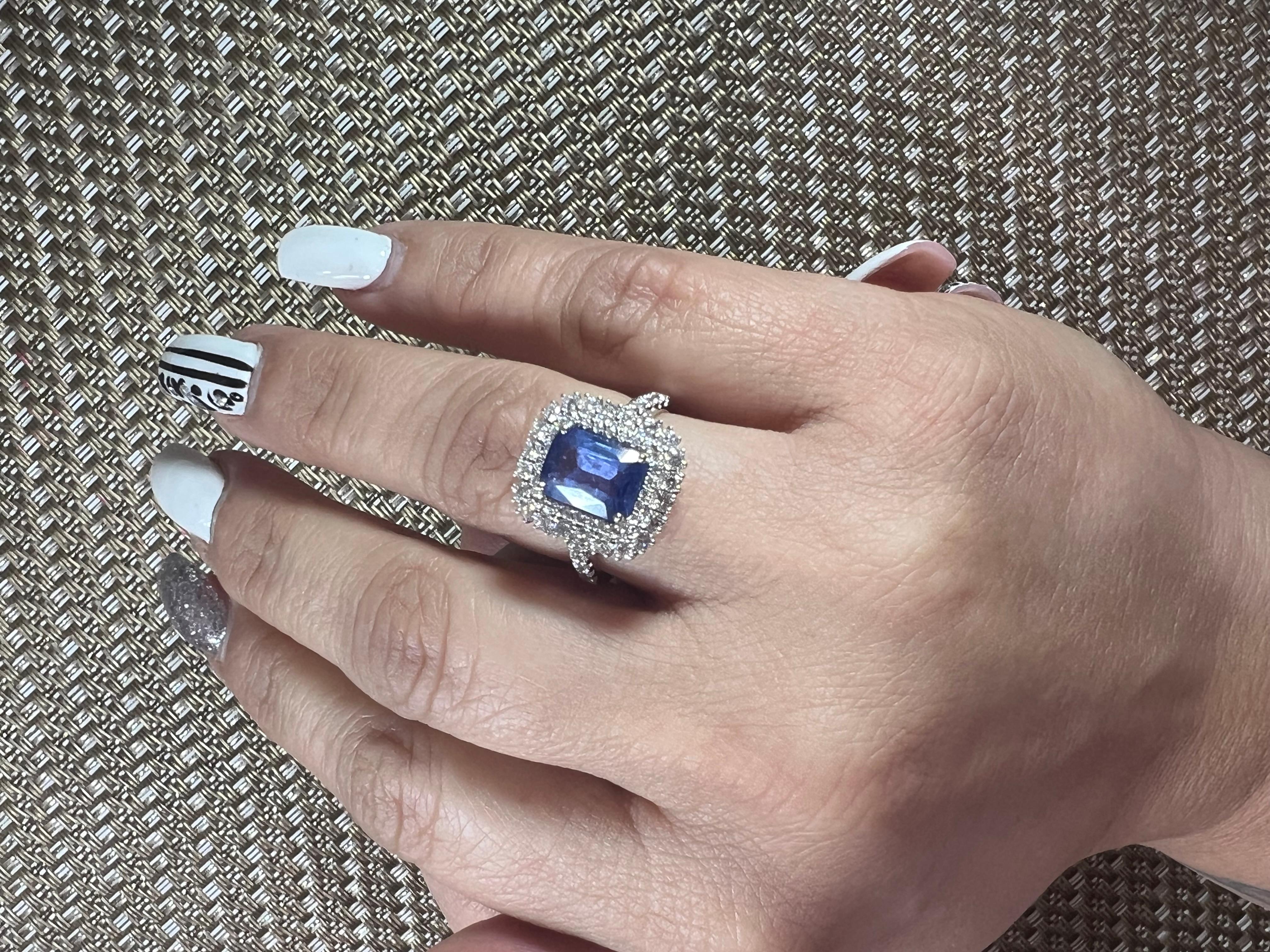Ceylon Sapphire Radiant Cut White Diamond Rounds 18K Gold Bridal Engagement Ring For Sale 3