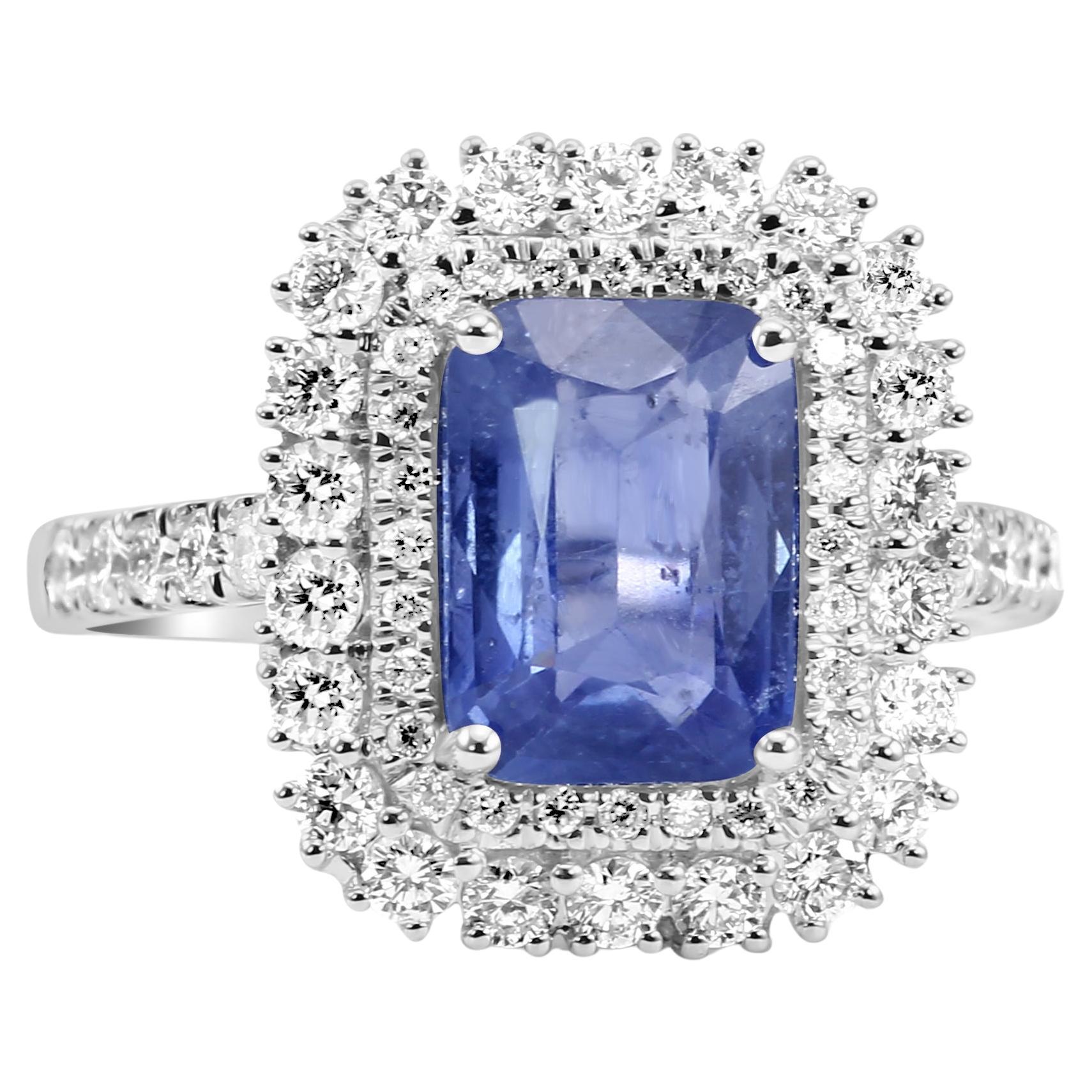 Ceylon Sapphire Radiant Cut White Diamond Rounds 18K Gold Bridal Engagement Ring For Sale