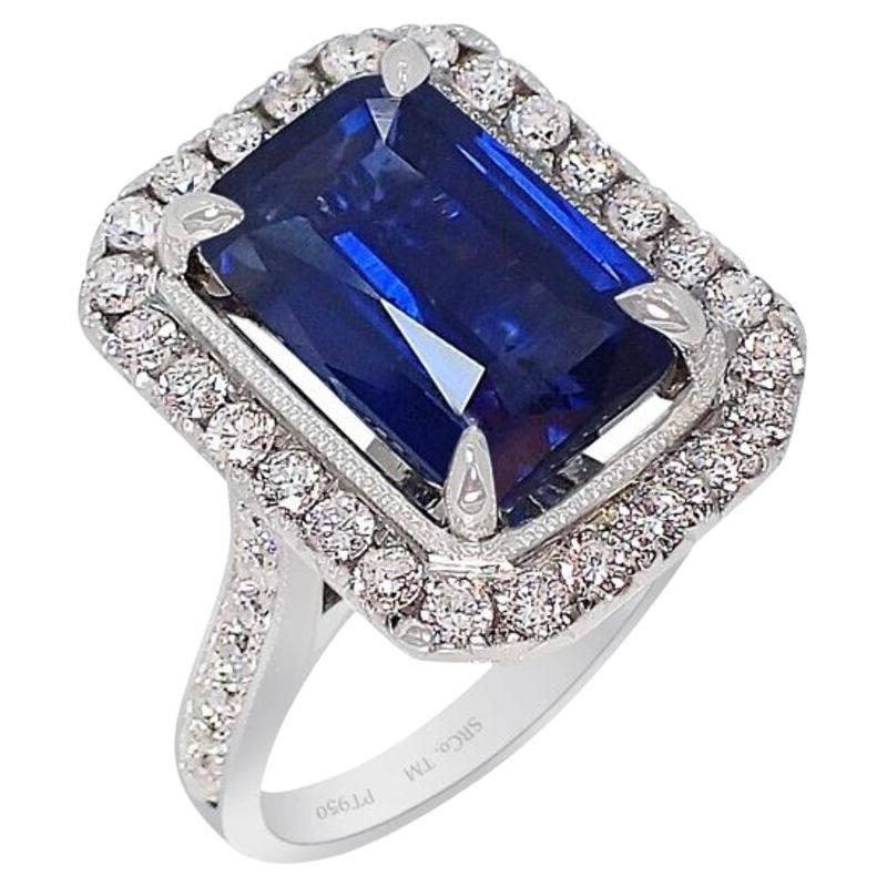 Ceylon Sapphire Ring, 6.02ct Emerald Cut Platinum 950 GIA Certified For Sale