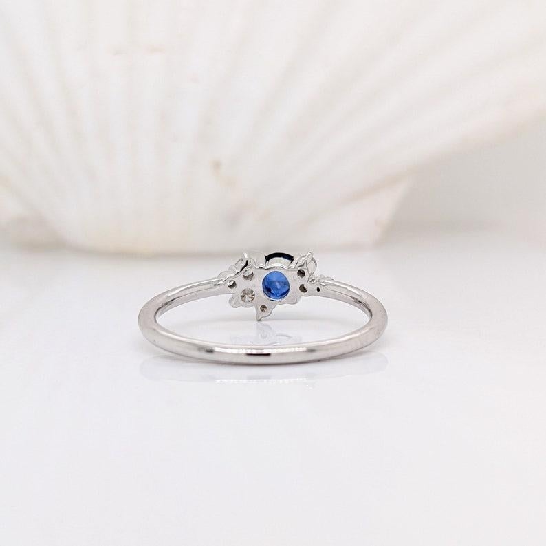Round Cut Ceylon Sapphire Ring in Solid 14K White Gold w Natural Diamond Accents Round 4mm For Sale