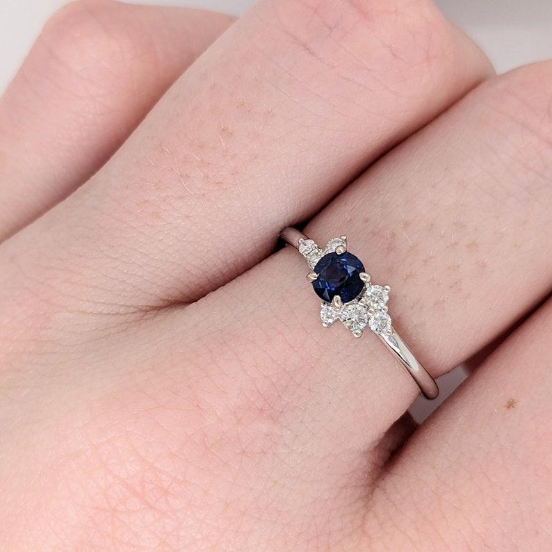 Women's Ceylon Sapphire Ring in Solid 14K White Gold w Natural Diamond Accents Round 4mm For Sale