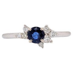 Ceylon Sapphire Ring in Solid 14K White Gold w Natural Diamond Accents Round 4mm