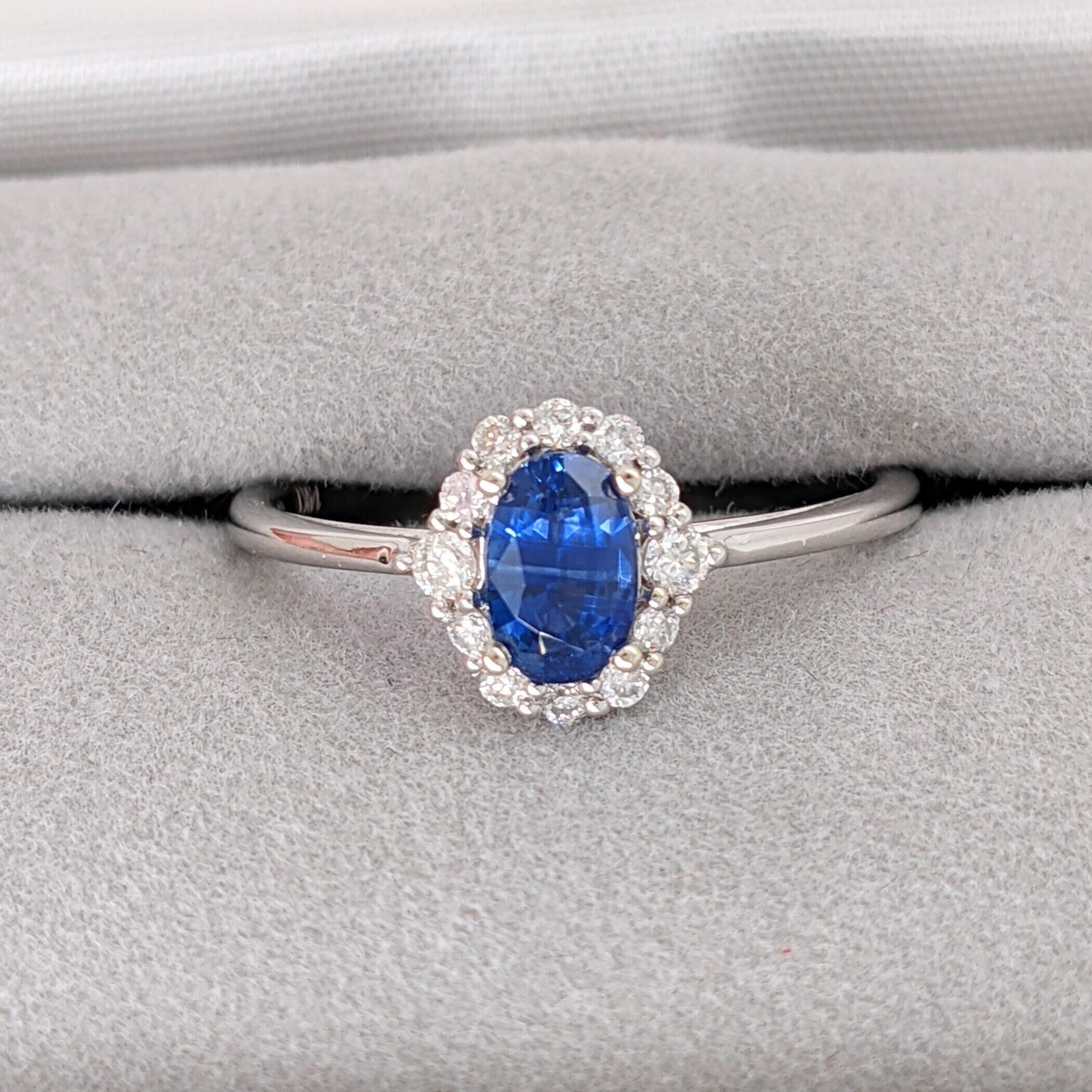 Ceylon Sapphire Ring w Earth Mined Diamonds in Solid 14k White Gold Oval 6x4mm In New Condition For Sale In Columbus, OH