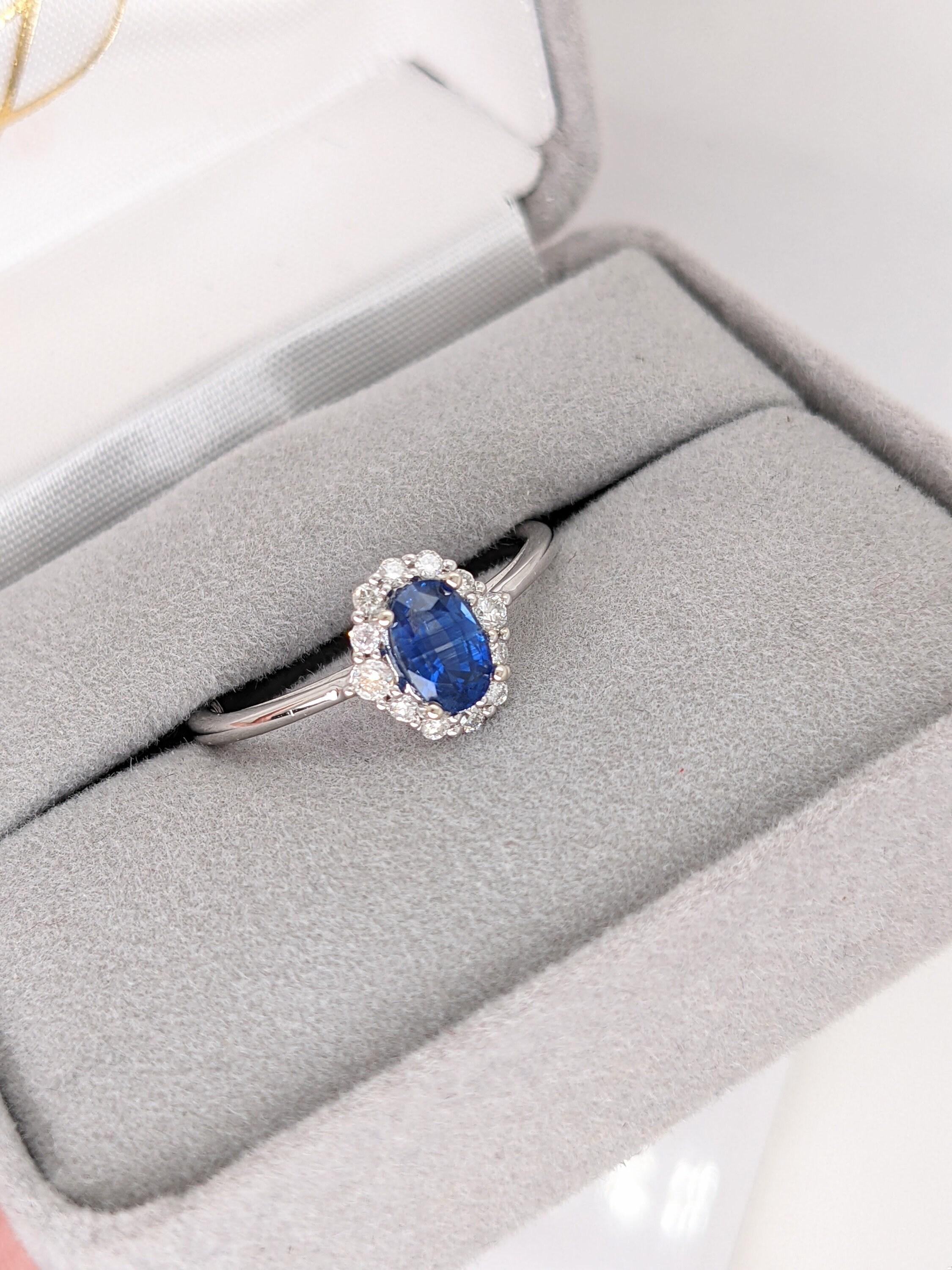 Women's Ceylon Sapphire Ring w Earth Mined Diamonds in Solid 14k White Gold Oval 6x4mm For Sale