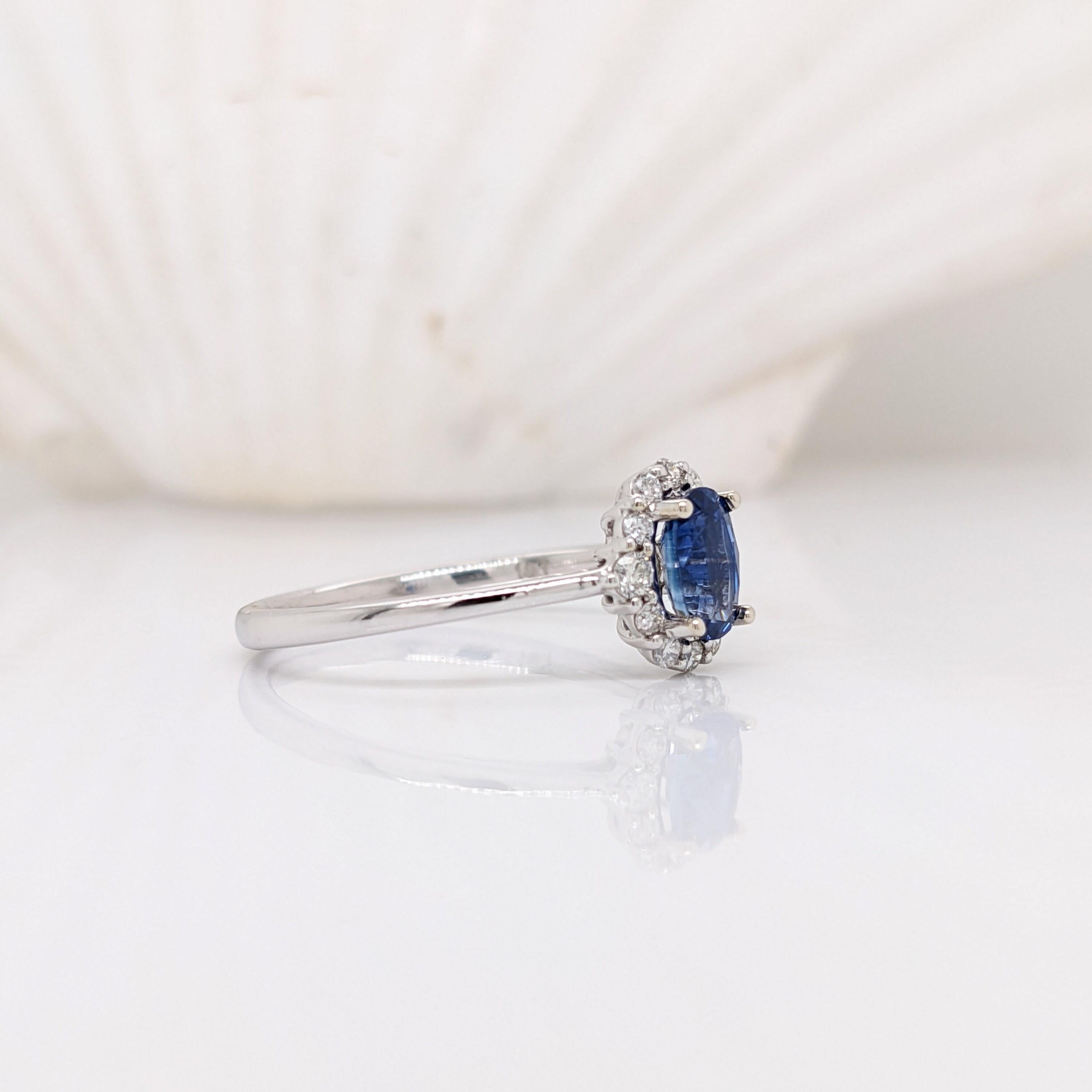 Ceylon Sapphire Ring w Earth Mined Diamonds in Solid 14k White Gold Oval 6x4mm For Sale 1