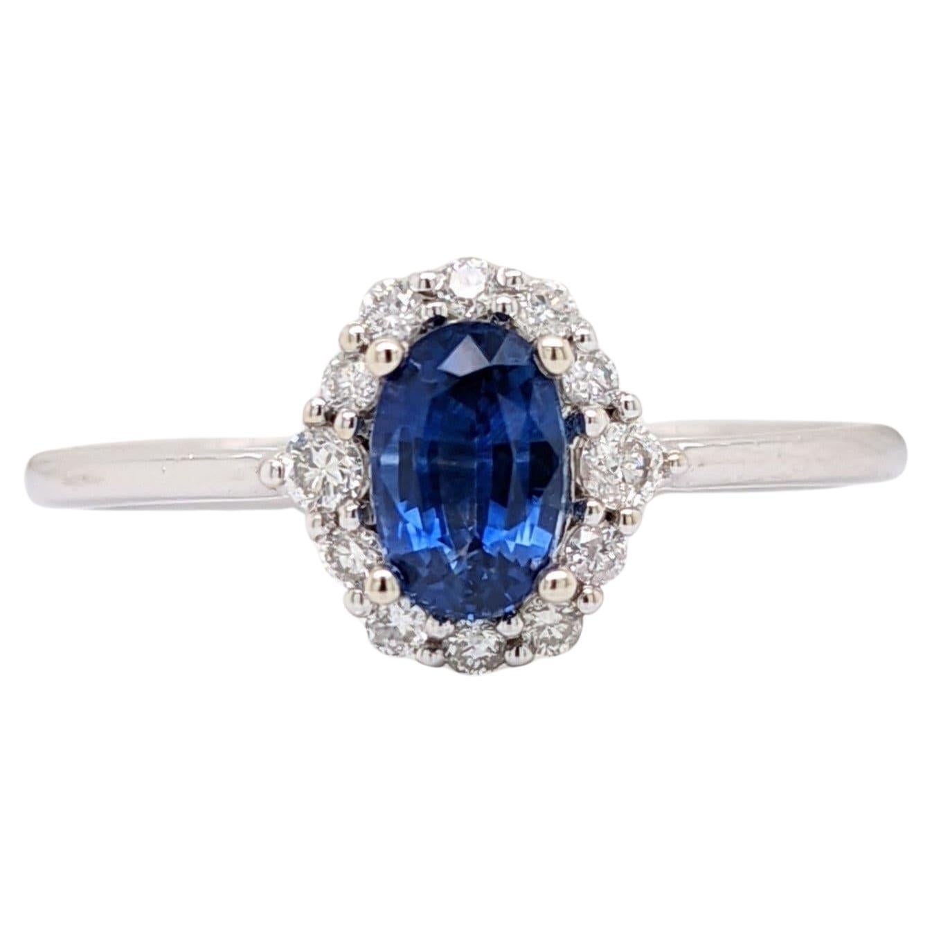 Ceylon Sapphire Ring w Earth Mined Diamonds in Solid 14k White Gold Oval 6x4mm For Sale