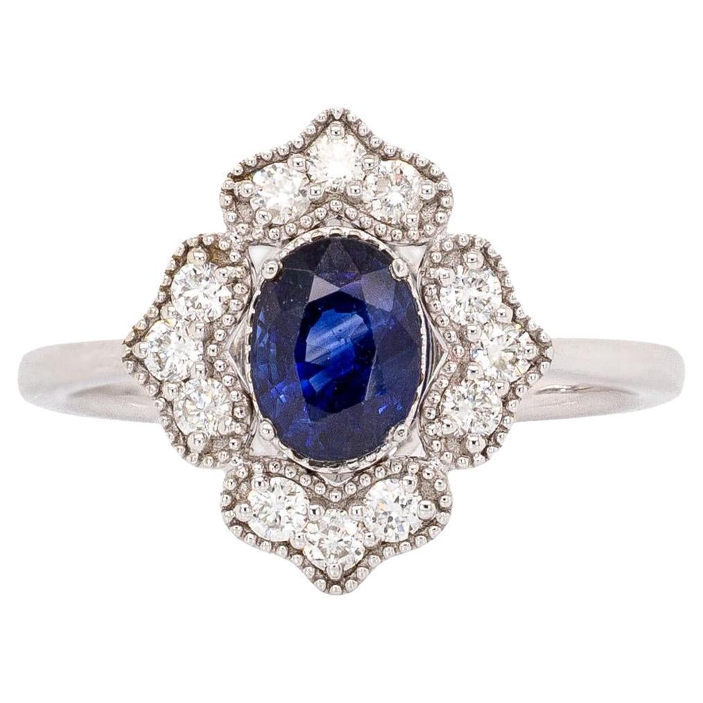 Bague saphir de Ceylan avec halo de diamants Nature : or massif 14k, ovale 7x5mm