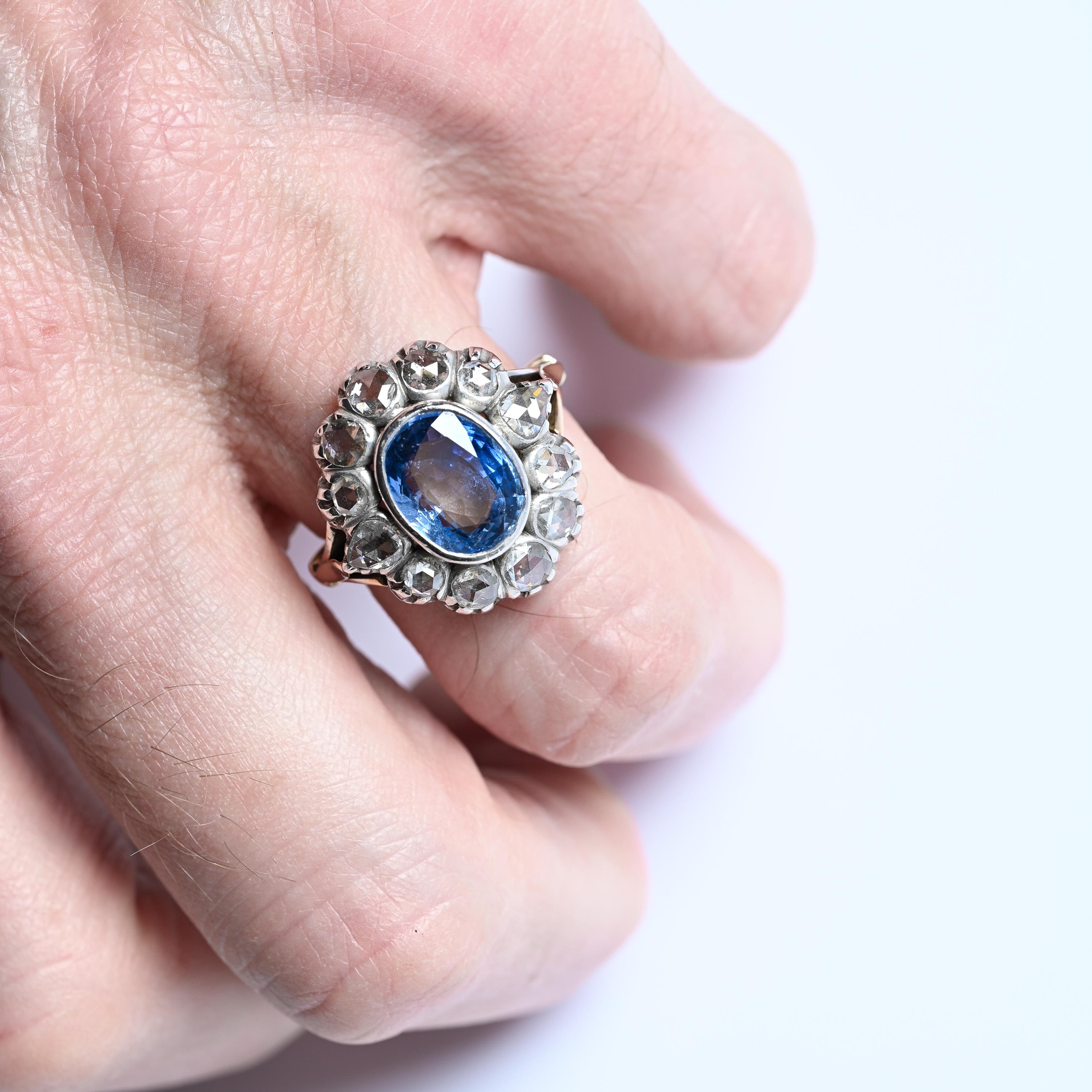 Bague à grappe de saphirs de Ceylan et de diamants taillés en rose, vers 1880, près de 7 carats en vente 3