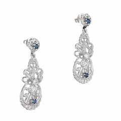 Ceylon Sapphire Round Diamond Platinum Dangle Earrings