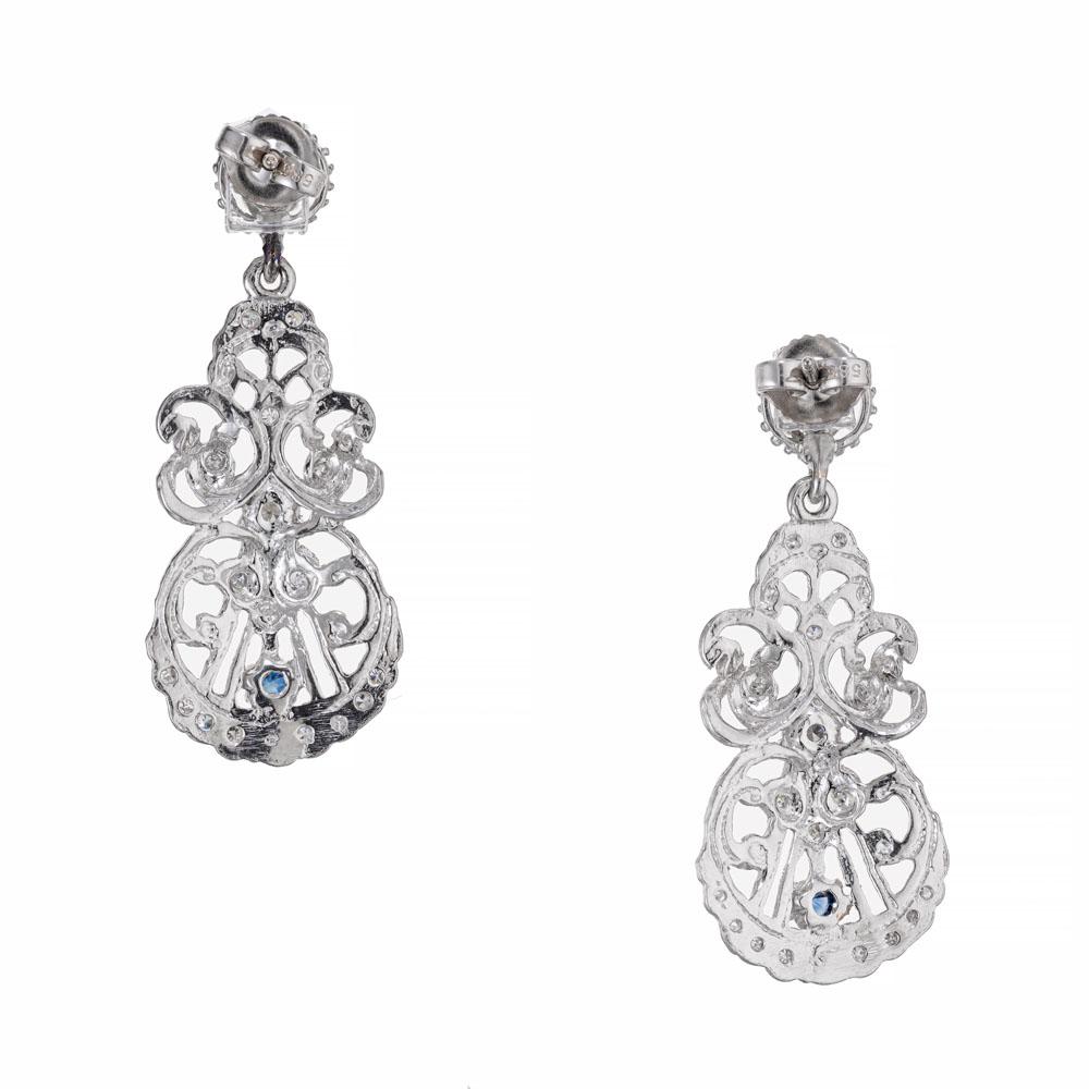 Round Cut Ceylon Sapphire Round Diamond Platinum Dangle Earrings For Sale
