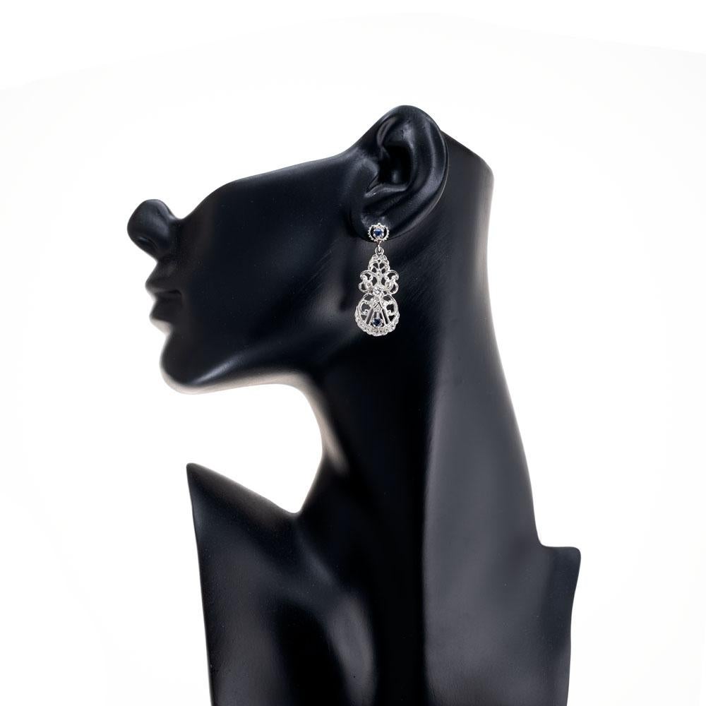 Women's Ceylon Sapphire Round Diamond Platinum Dangle Earrings For Sale