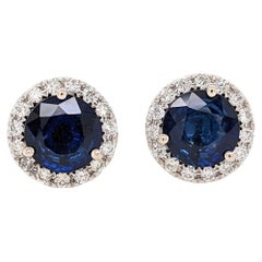Ceylon Sapphire Stud Earrings w Earth Mined Diamonds in Solid 14K Gold Round 6mm