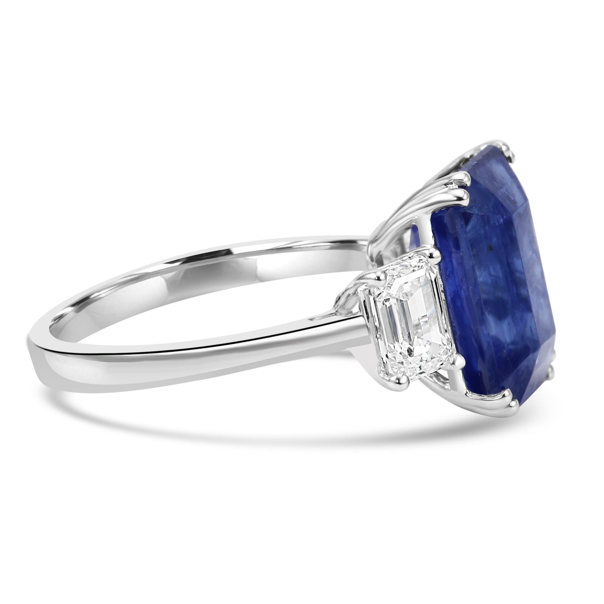 Modern Ceylon Sapphire White Diamond Emerald Cut 18K White Gold Three-Stone Bridal Ring For Sale