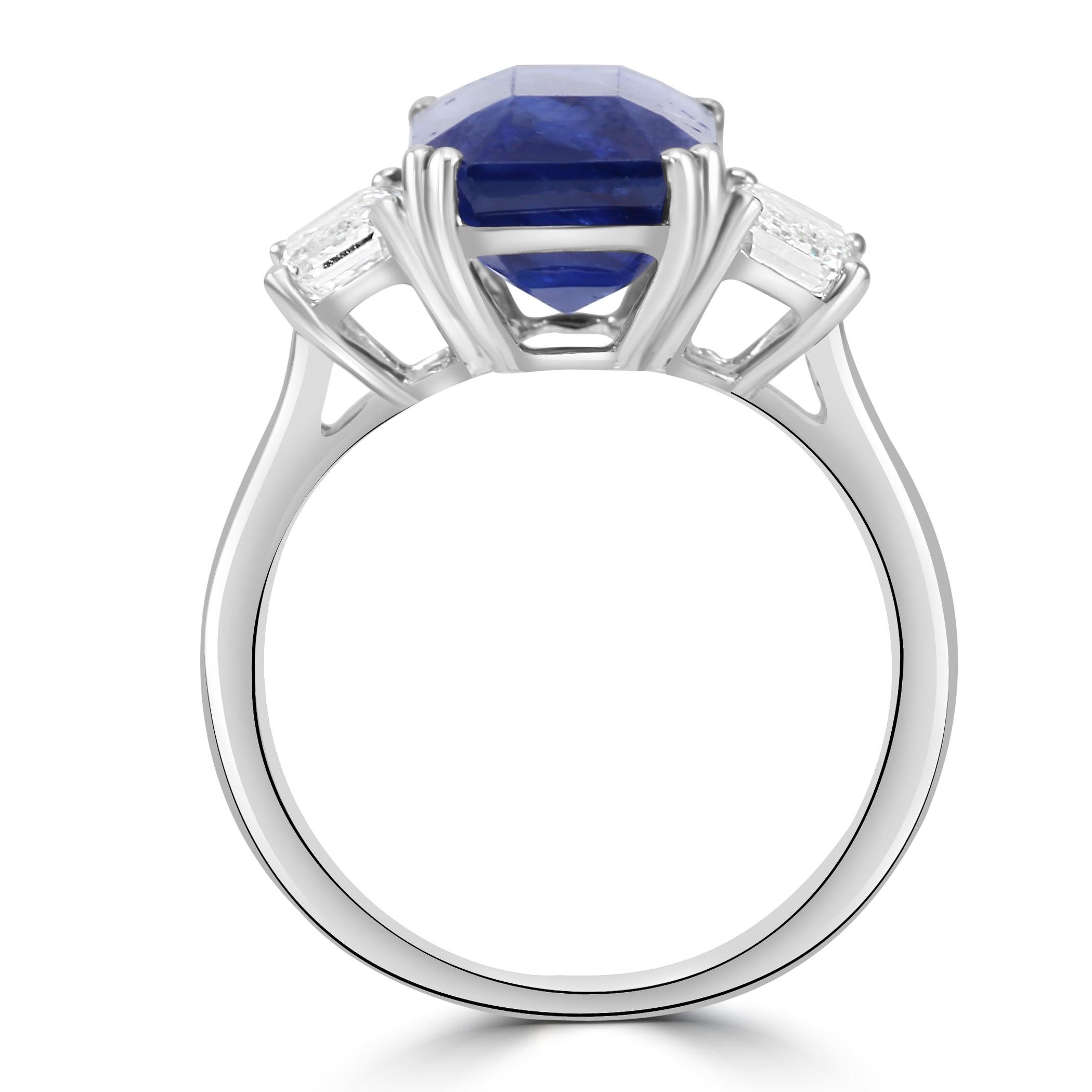 Ceylon Sapphire White Diamond Emerald Cut 18K White Gold Three-Stone Bridal Ring For Sale 1